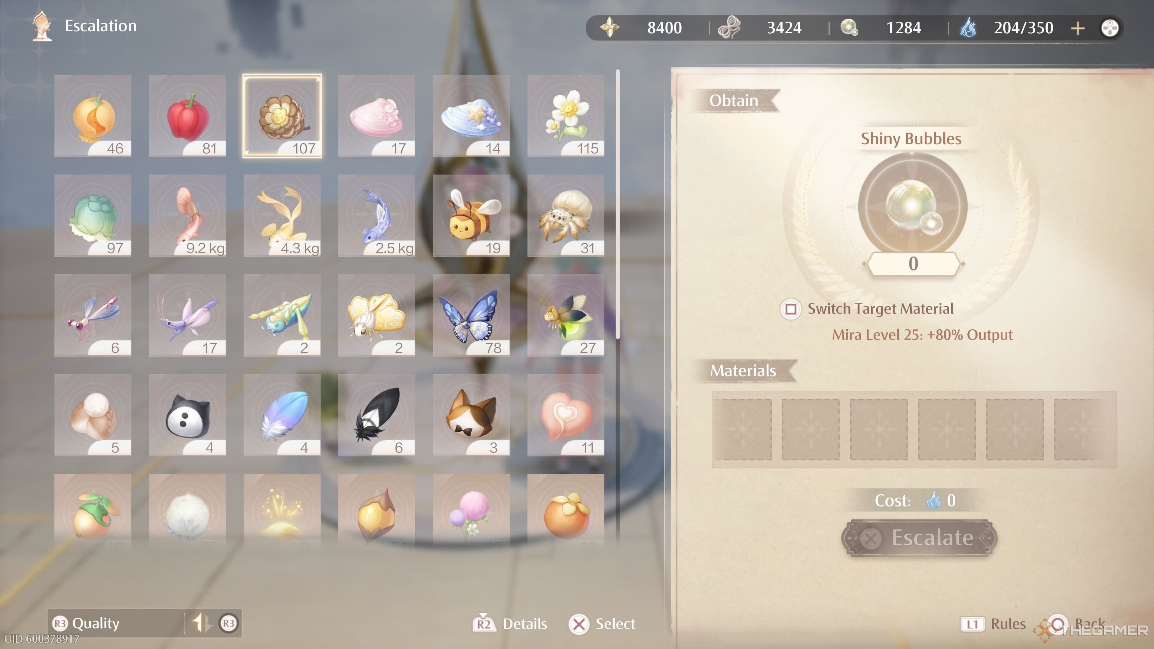 The escalation menu showing collectibles in Infinity Nikki.