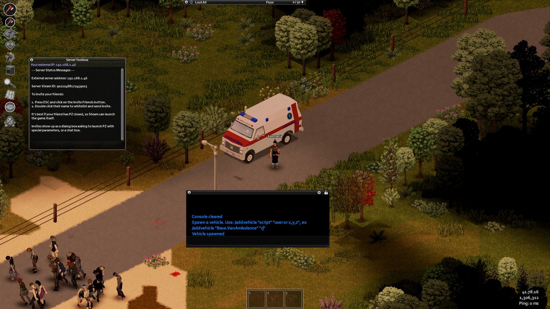 Admin commands in Project Zomboid's chat window