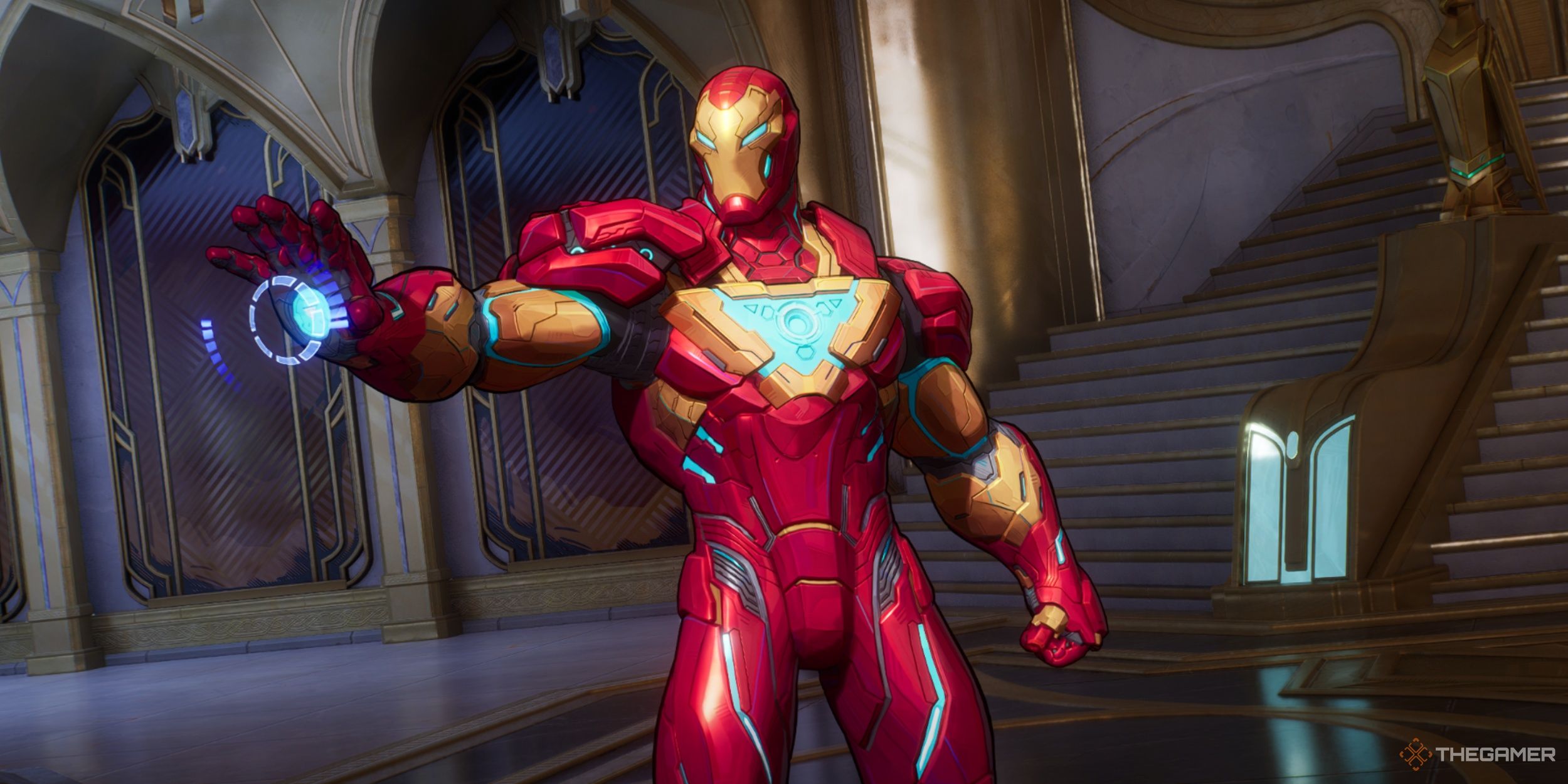 Iron Man charging up his Repulsor Blast while standing in front of a large staircase in Marvel Rivals