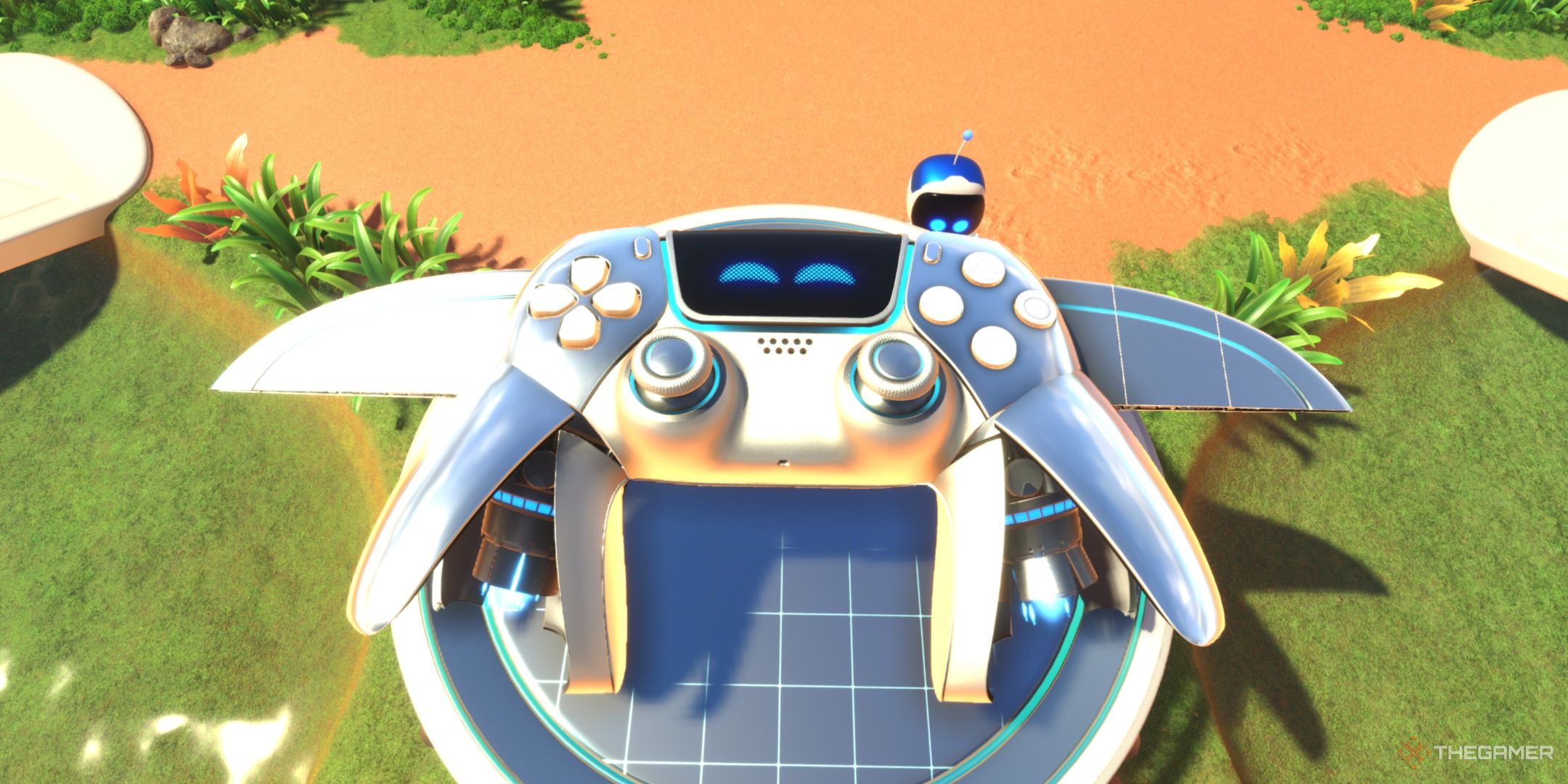 The DualSense in its Shimmering Silver skin at the crash site, from Astro Bot.