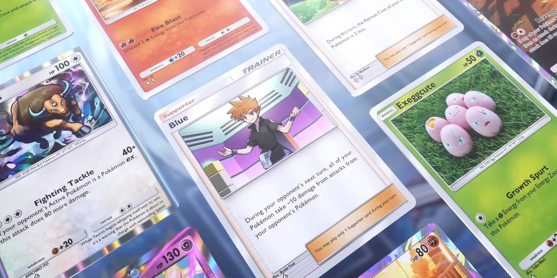 Pokemon TCG Pocket Mythical Island secret missions: a bunch of the cards from the set, focusing on the Blue trainer card.