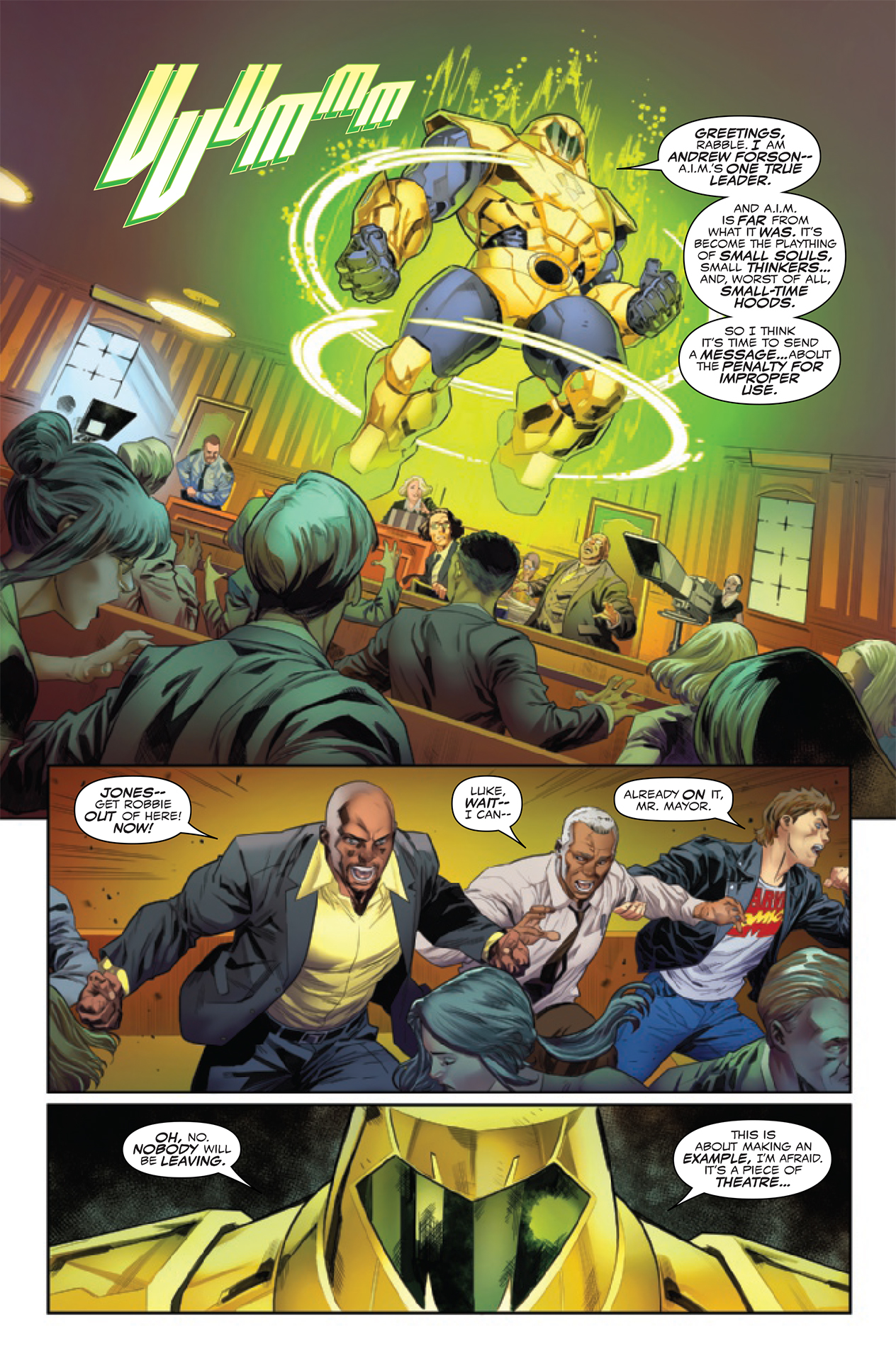 An AIM trooper interrupting Madame Masque's trial as Luke Cage, Robbie Robertson, and Rick Jones all scramble to safety.