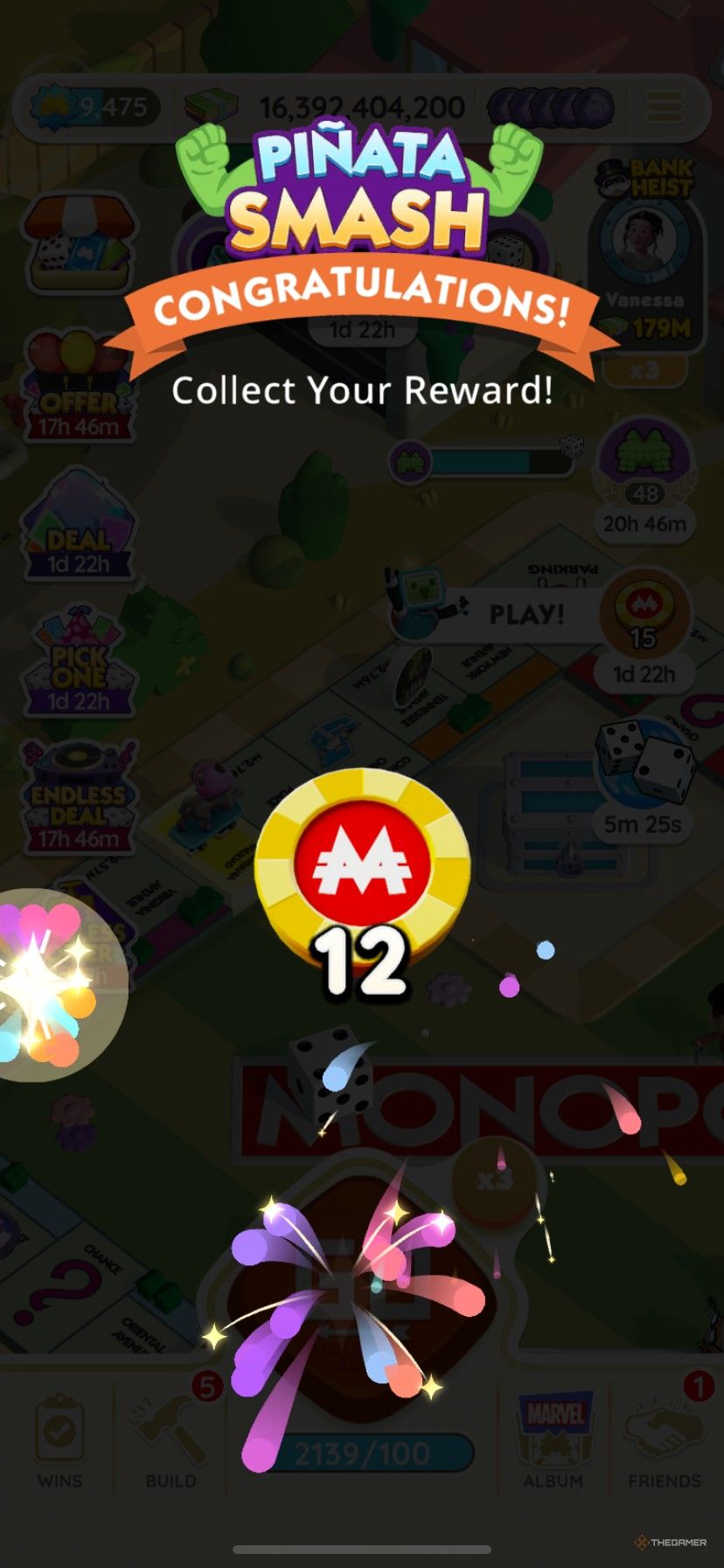 Earning 12 free Peg-E Deluxe Drop tokens in the Pinata Smash daily leaderboard tournament in Monopoly Go.