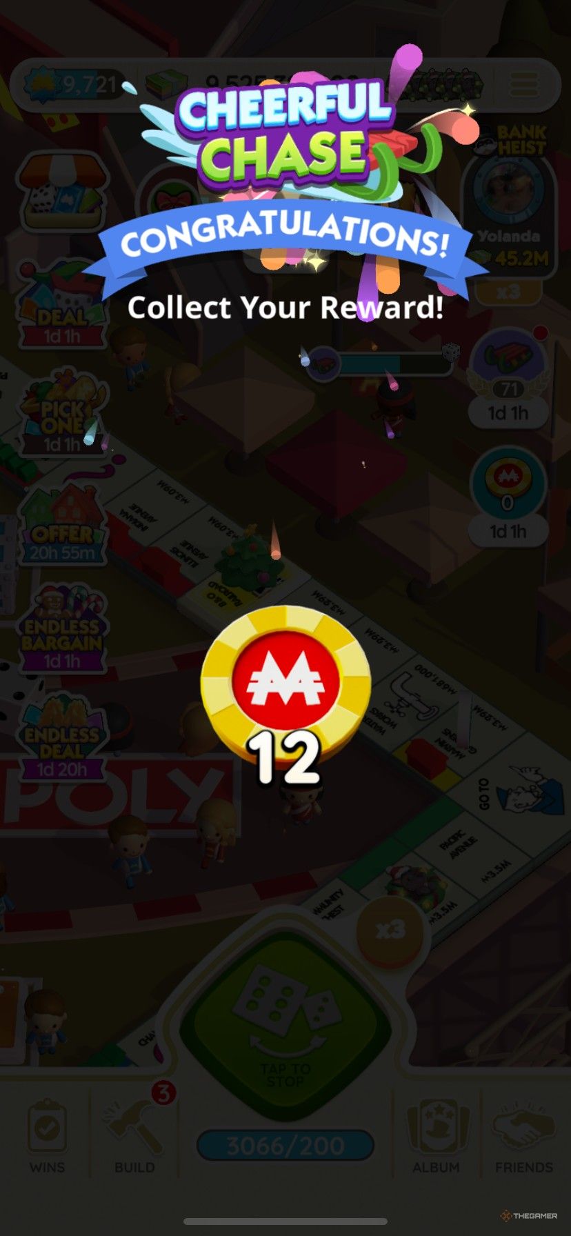 Earning 12 Peg-E tokens from Cheerful Chase in Monopoly Go.