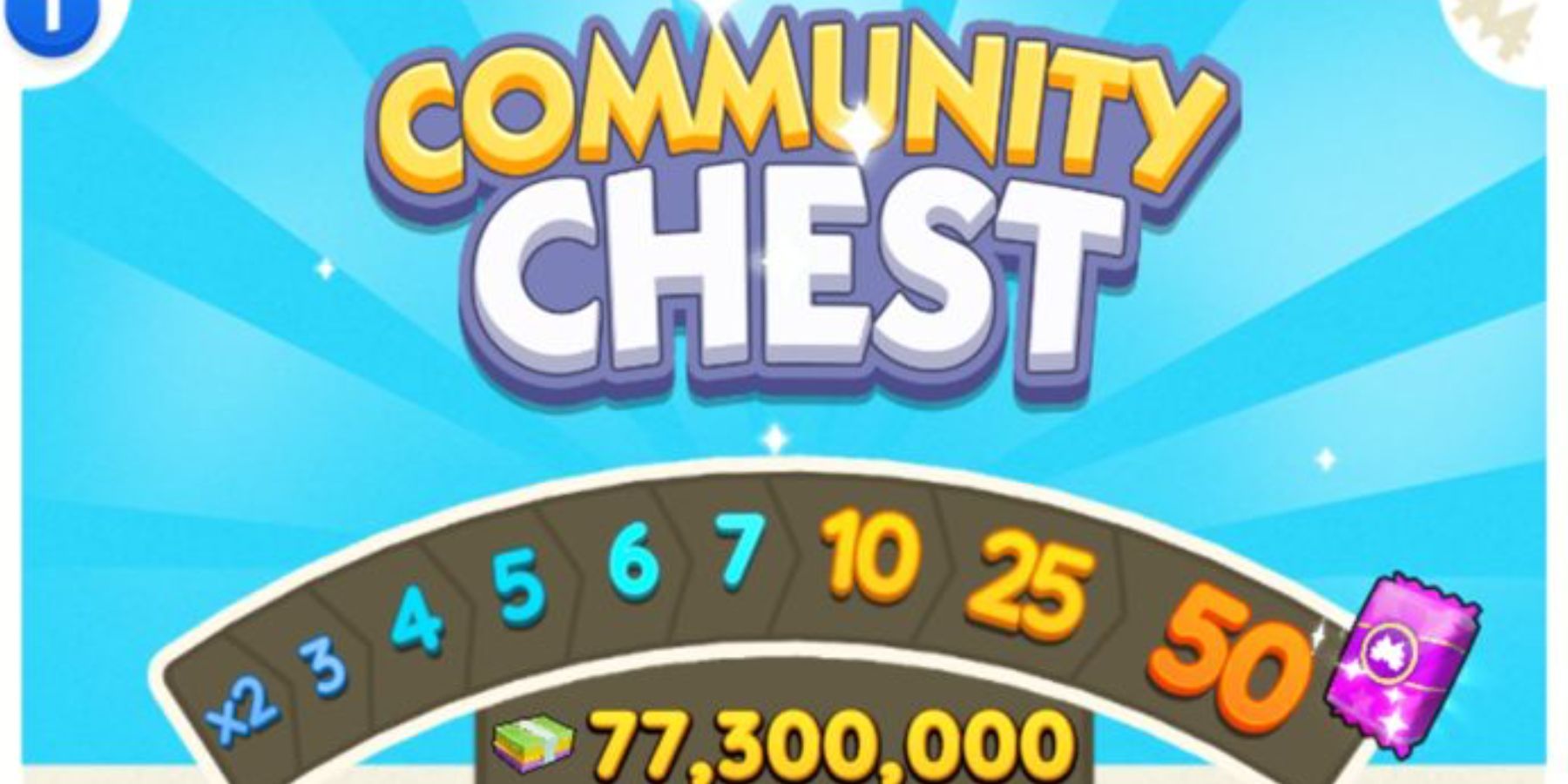 A community chest minigame with 50 milestones in Monopoly Go.