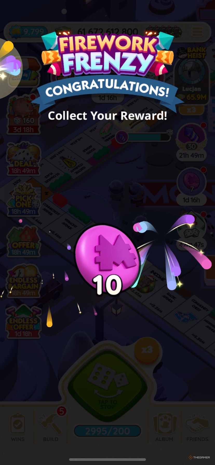 Earning 10 Juggle Jam tokens from Firework Frenzy in Monopoly Go.