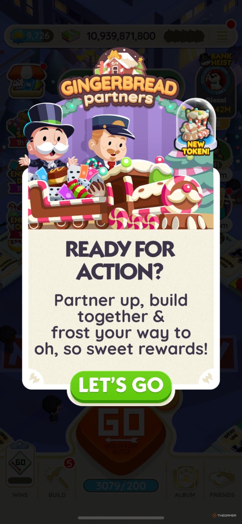 Start screen for Gingerbread Partners in Monopoly Go.