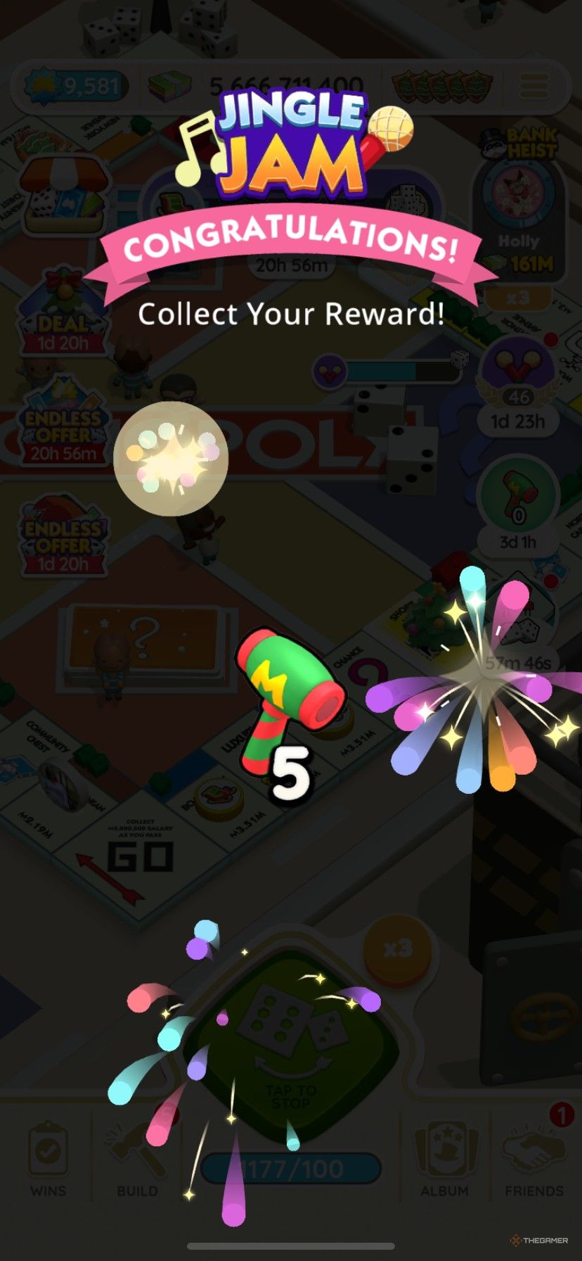 Earning five hammers for Holiday Treasures from Jingle Jam in Monopoly Go.