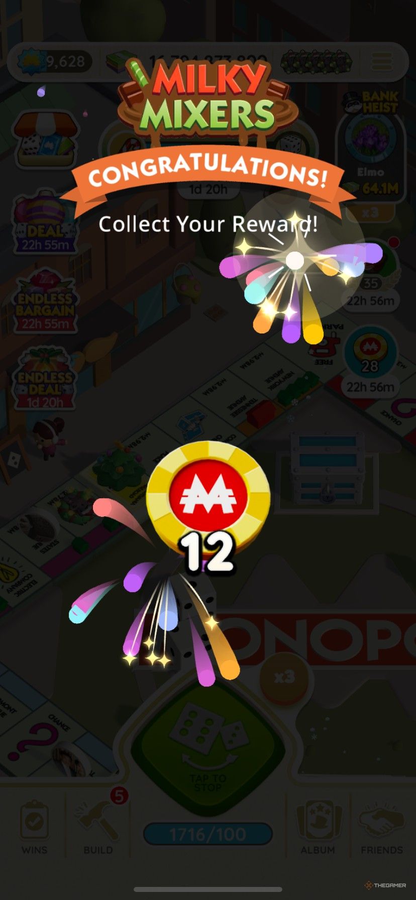 Earning 12 free Peg-E Prize Drop chips in Milky Mixers in Monopoly Go.