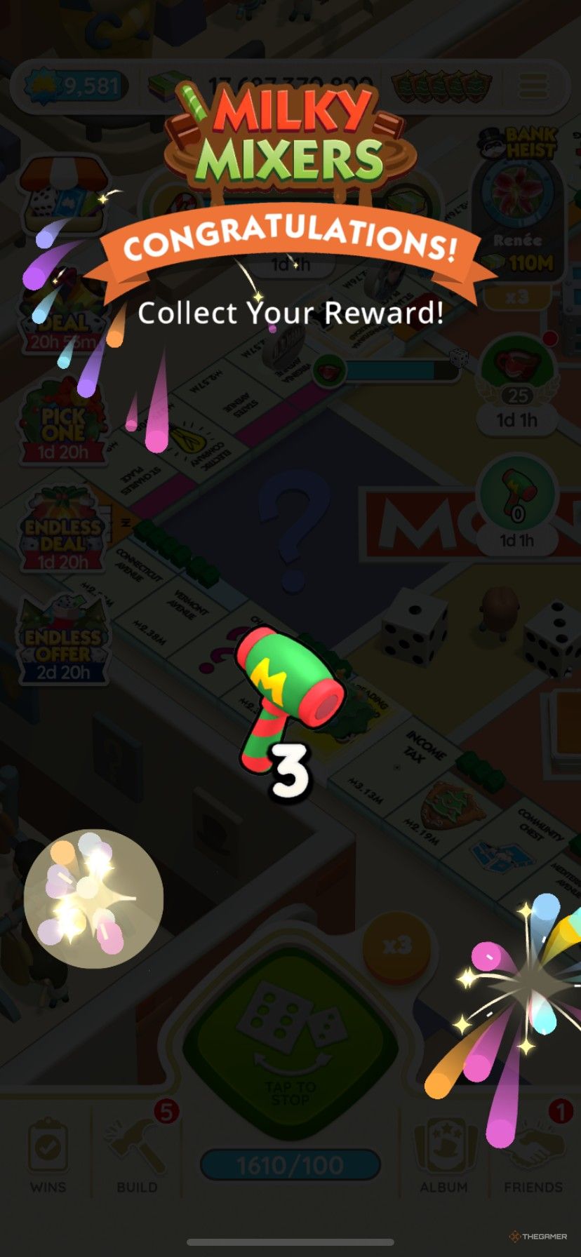 Getting three free Holiday Treasures tokens from Milky Mixers in Monopoly Go.