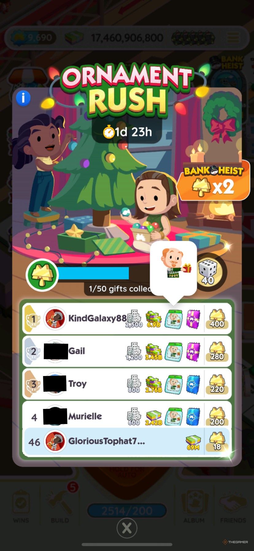 A leaderboard in Ornament Rush in Monopoly Go showing a new christmas emoji.