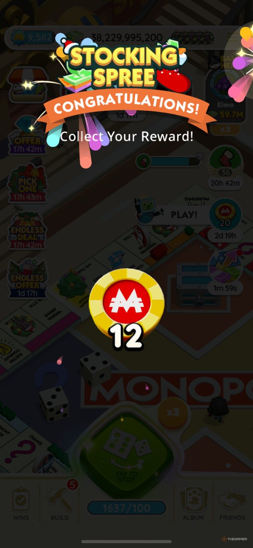 Earning 12 free Peg-E chips from Stocking Spree in Monopoly Go.