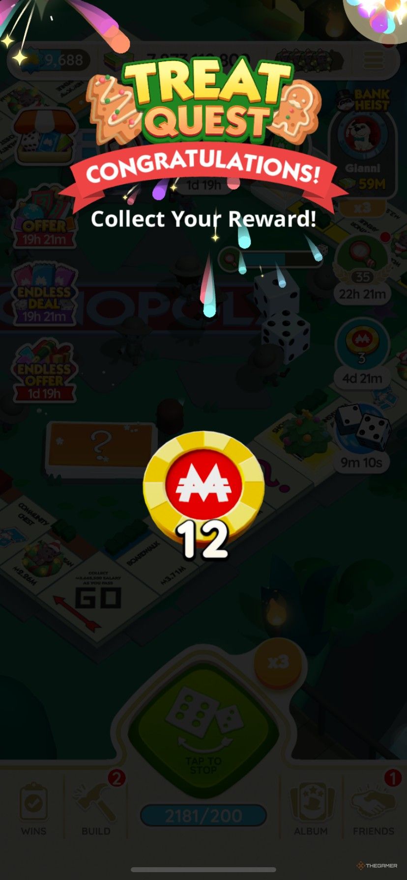 Earning 12 Peg-E tokens from Treat Quest in Monopoly Go.