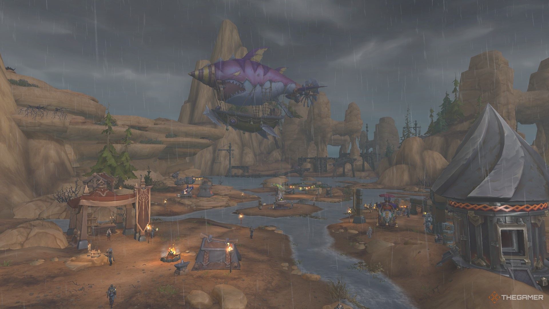 The combined expedition camp of Bilgewater Cartel goblins, Algari earthen, and Hallowfall Arathi on Siren Isle.