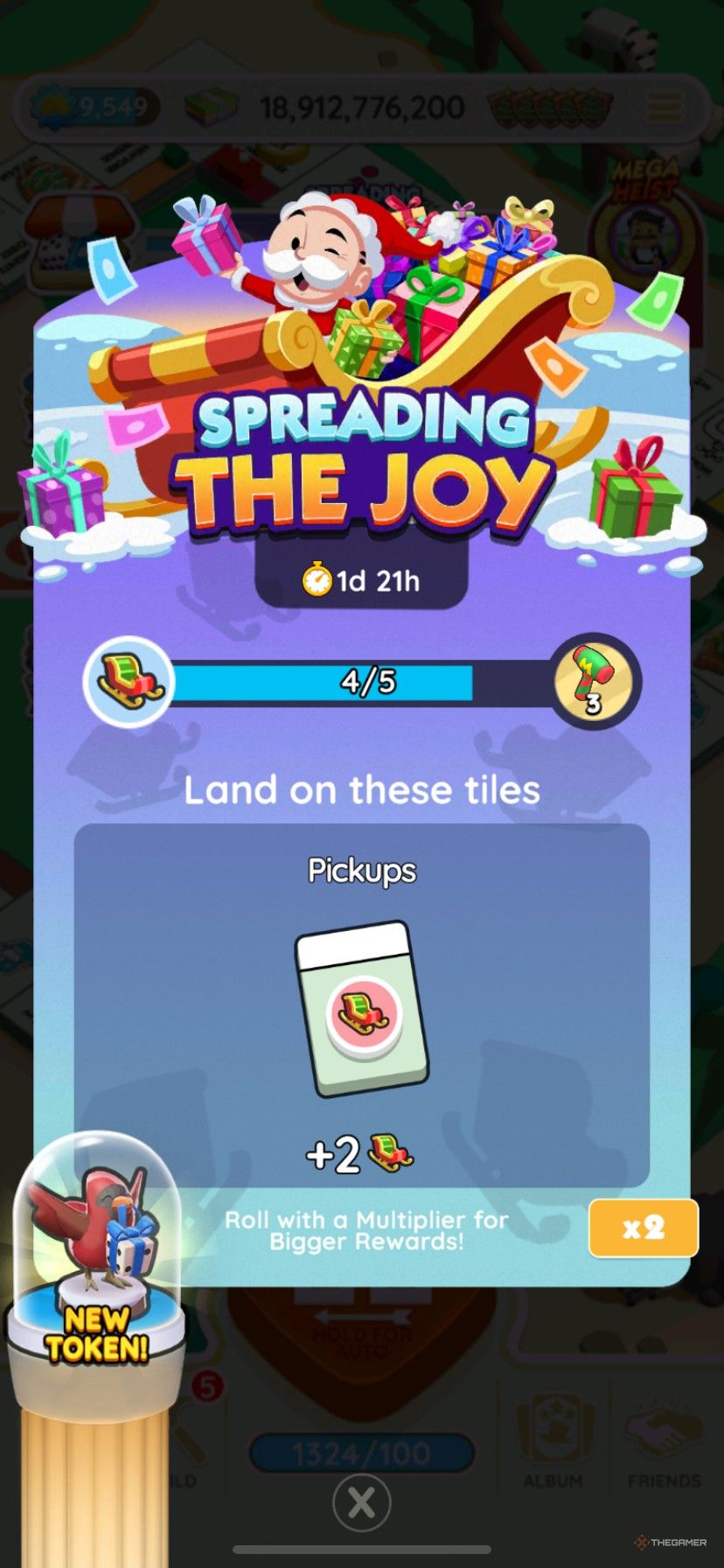 Start screen for Spreading the Joy in Monopoly Go with the pickup tokens displayed.