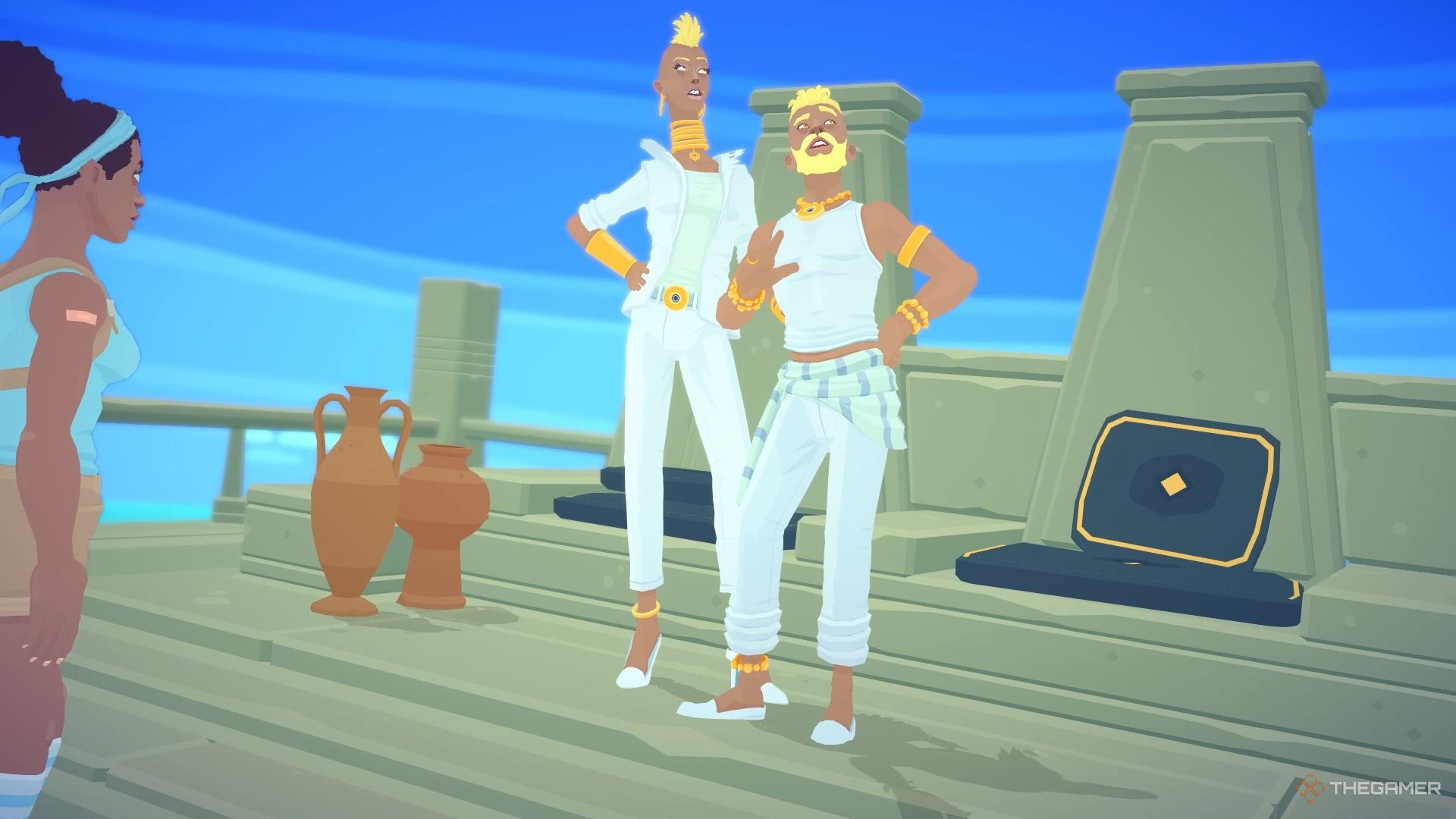 Zeus and Hera standing in the atrium above the island.