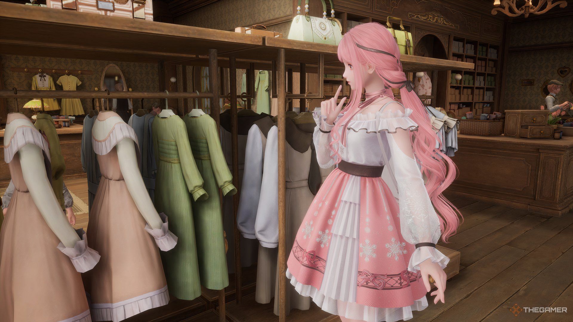 Nikki browsing through a clothing rack.