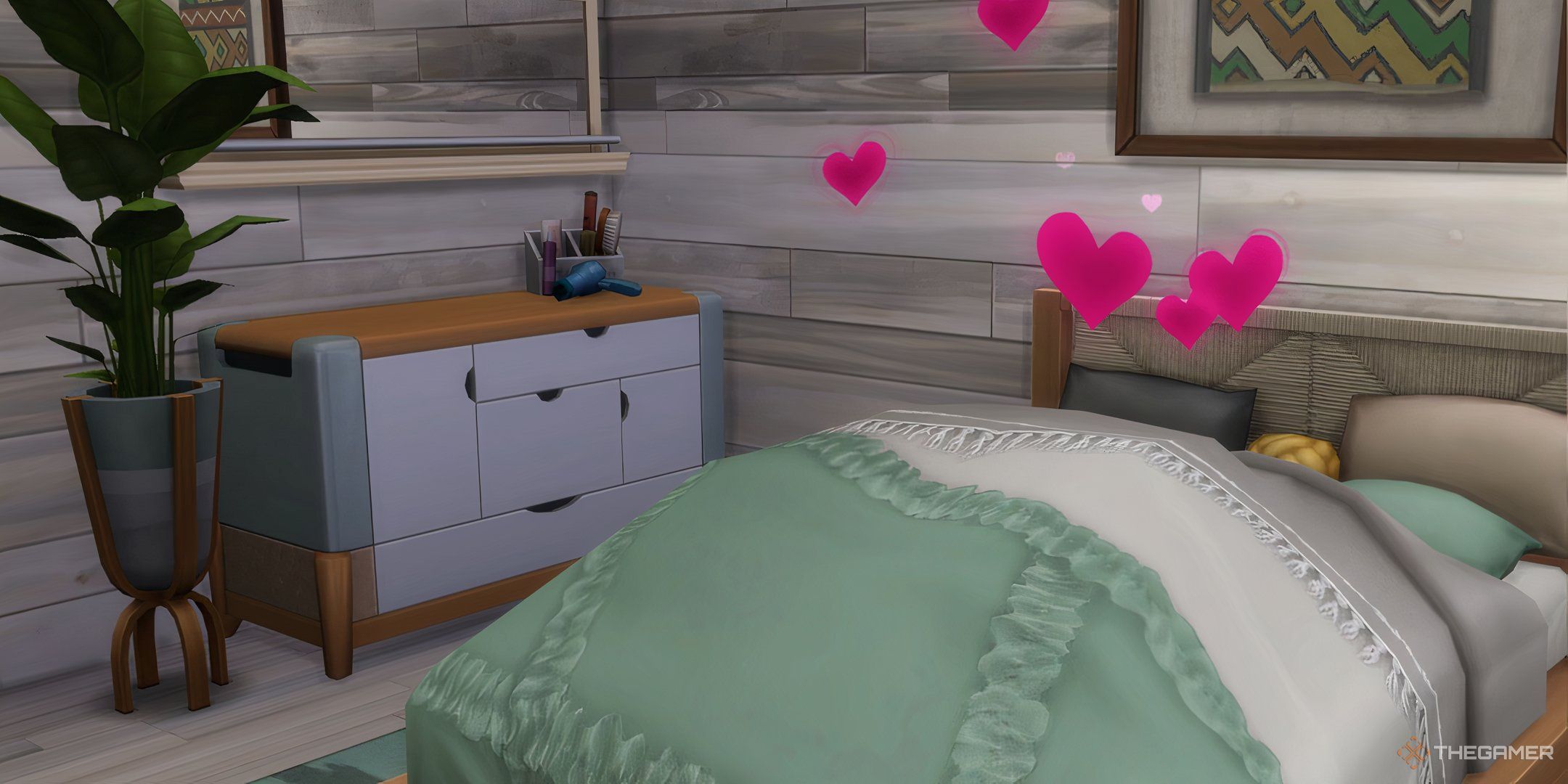 A double bed next to a dresser with hearts rising above it and sims under the sheets.