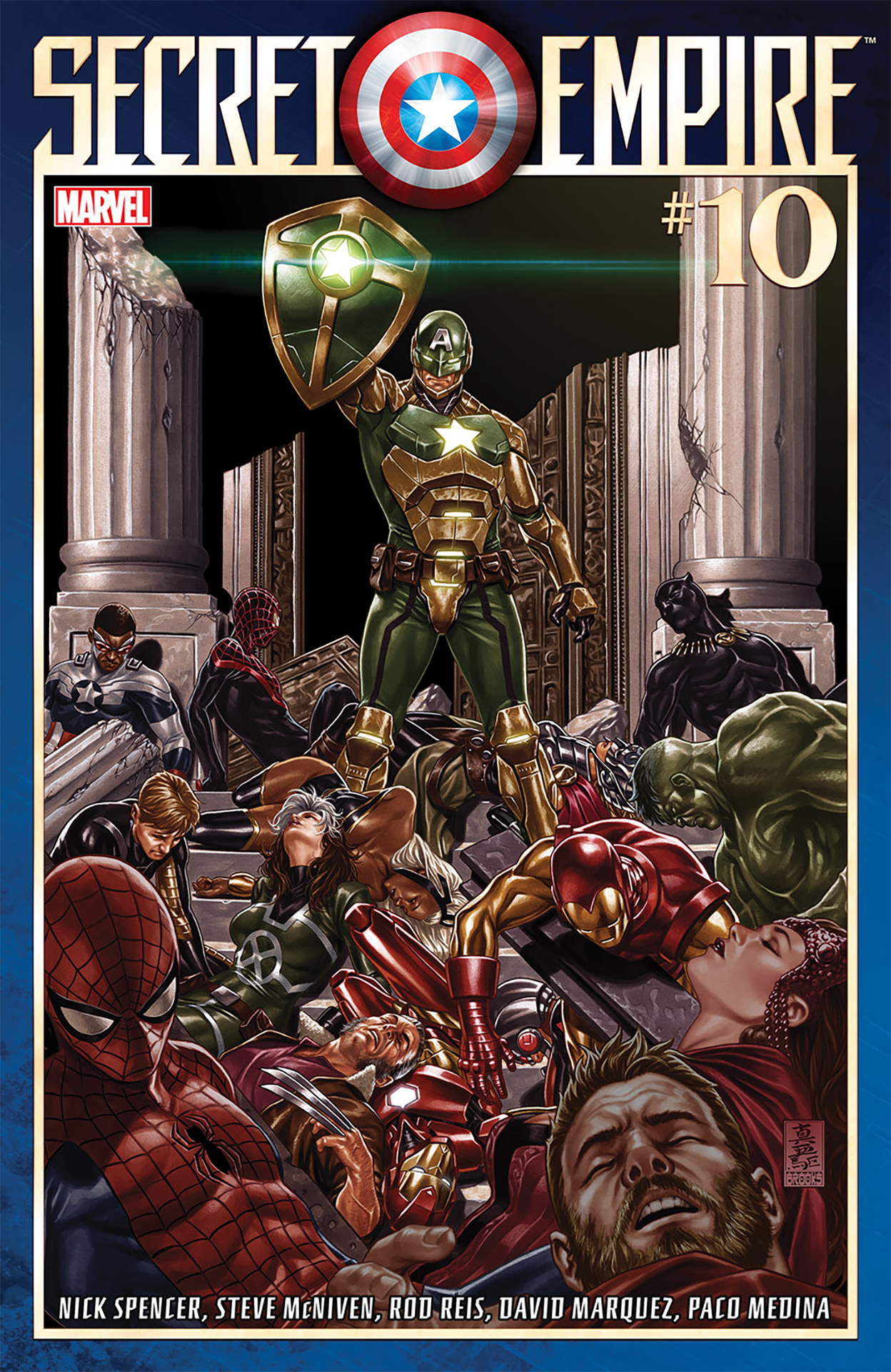 Captain America in his Hydra armor standing over the bodies of the Avengers, X-Men, and other Marvel heroes