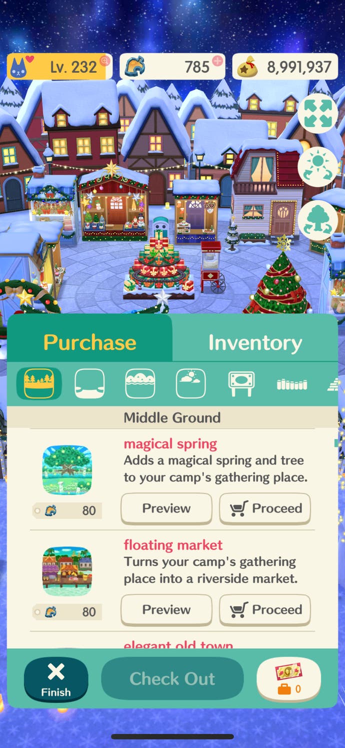 Animal Crossing: Pocket Camp Complete screenshot of various terrain options for sale to customise the campsite grounds.