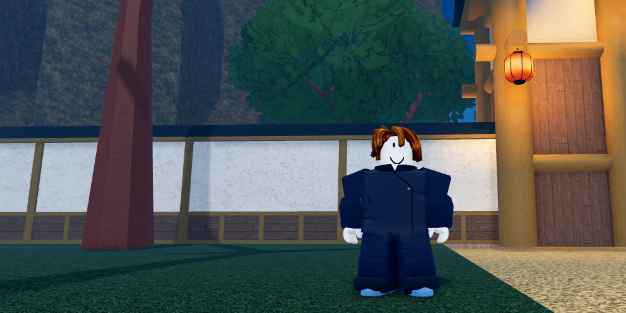 A Roblox player standing in front of a dojo in Jujutus Chronicles.