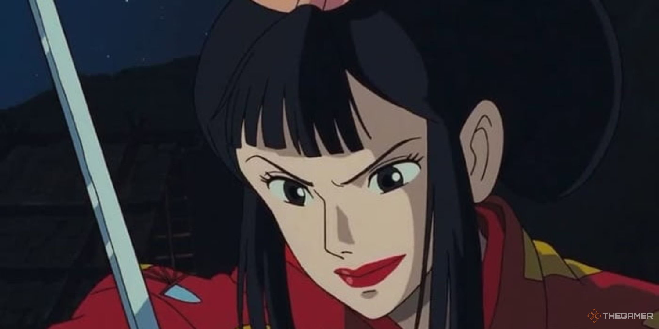 Closeup of Lady Eboshi during her duel with San in Princess Mononoke.