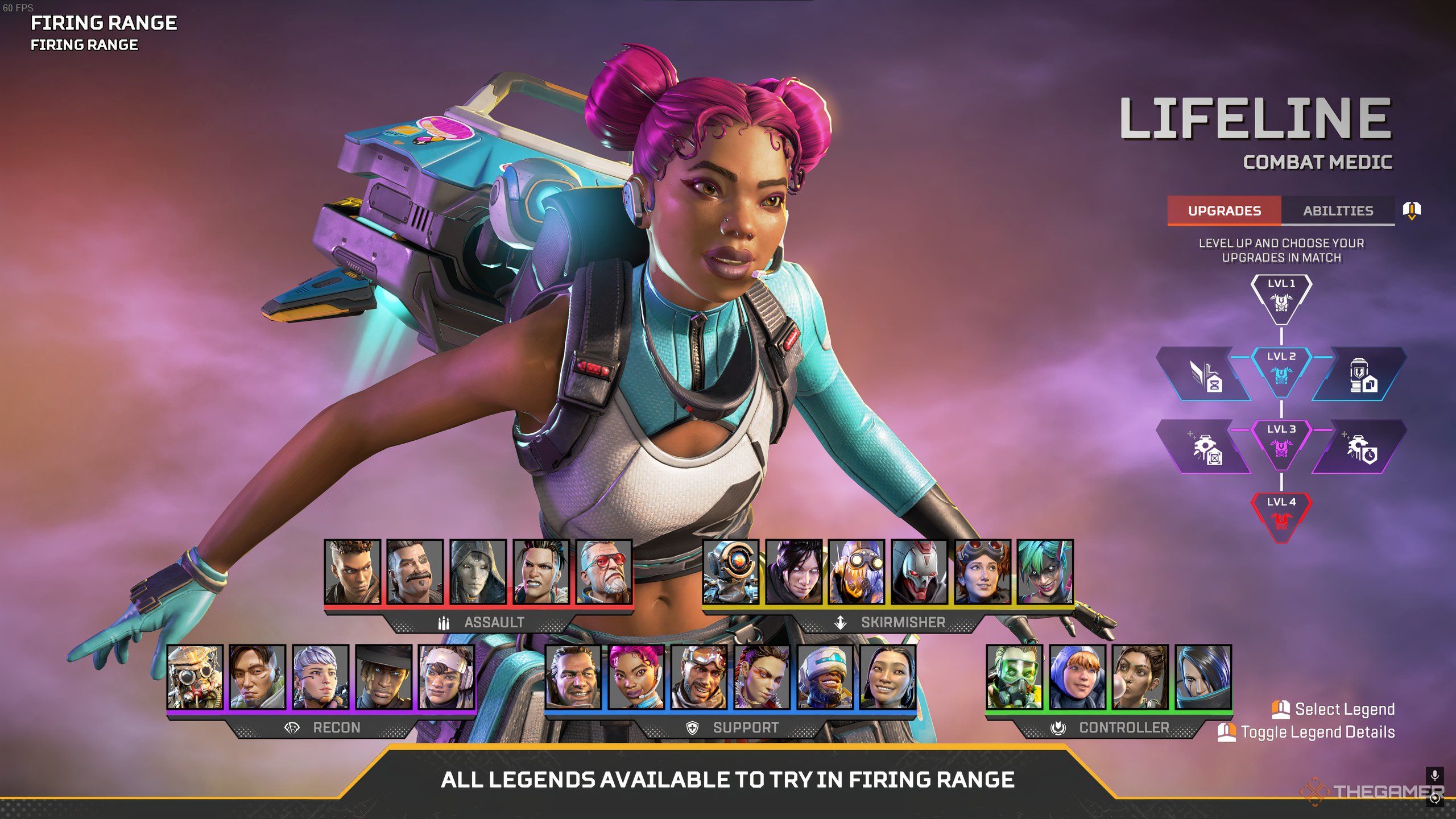 Lifeline in the legend select menu, in the firing range of Apex Legends.