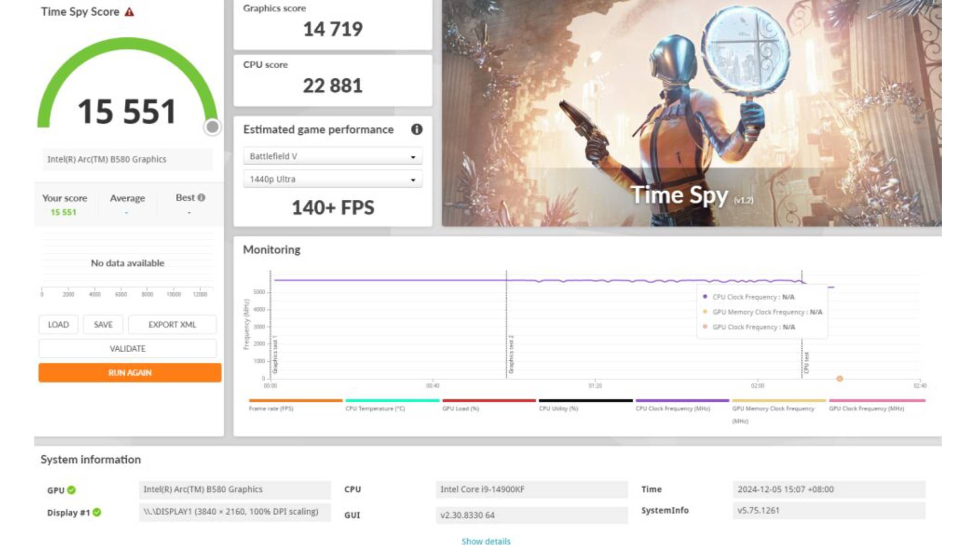 Intel Arc B580 Time Spy score page with benchmark data