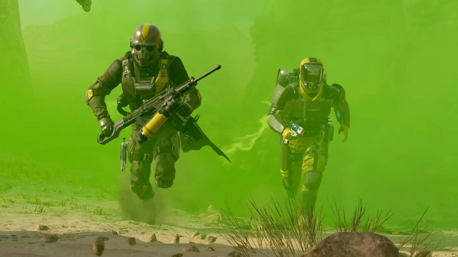 Helldivers 2 Chemical Agents warbond screenshot, showing two Helldivers running away from a green fog.