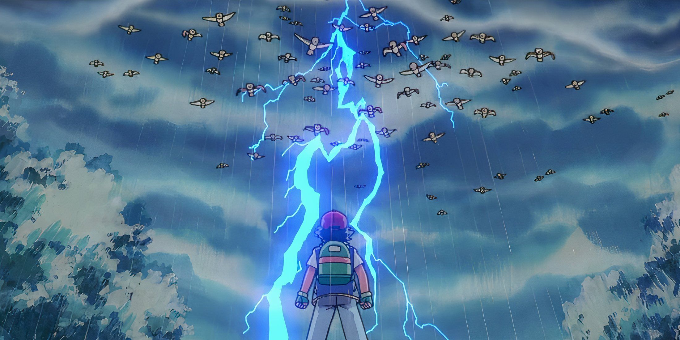 Ash stood in front of a flock of Spearows in a lightening storm.