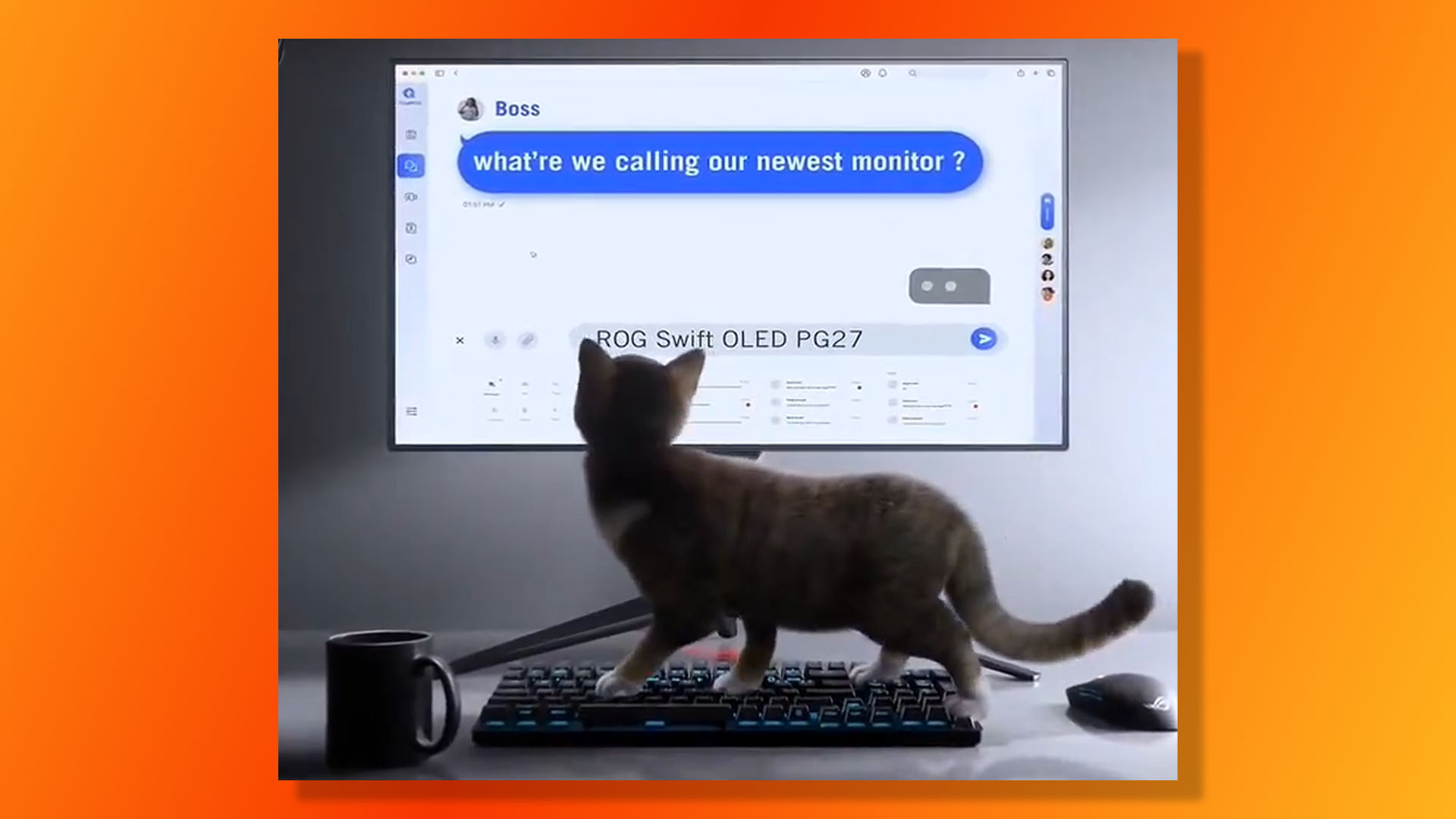 Asus ROG Swift PG27UCDM gaming monitor tease with a cat.