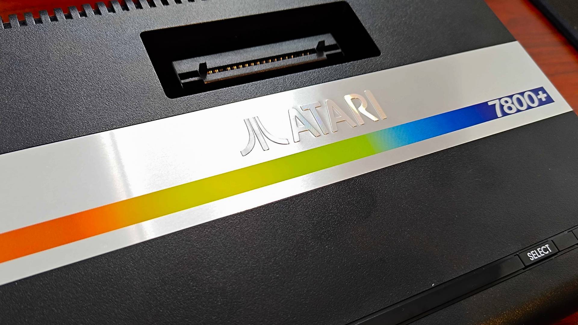 Close up of Atari 7800+ logo on console