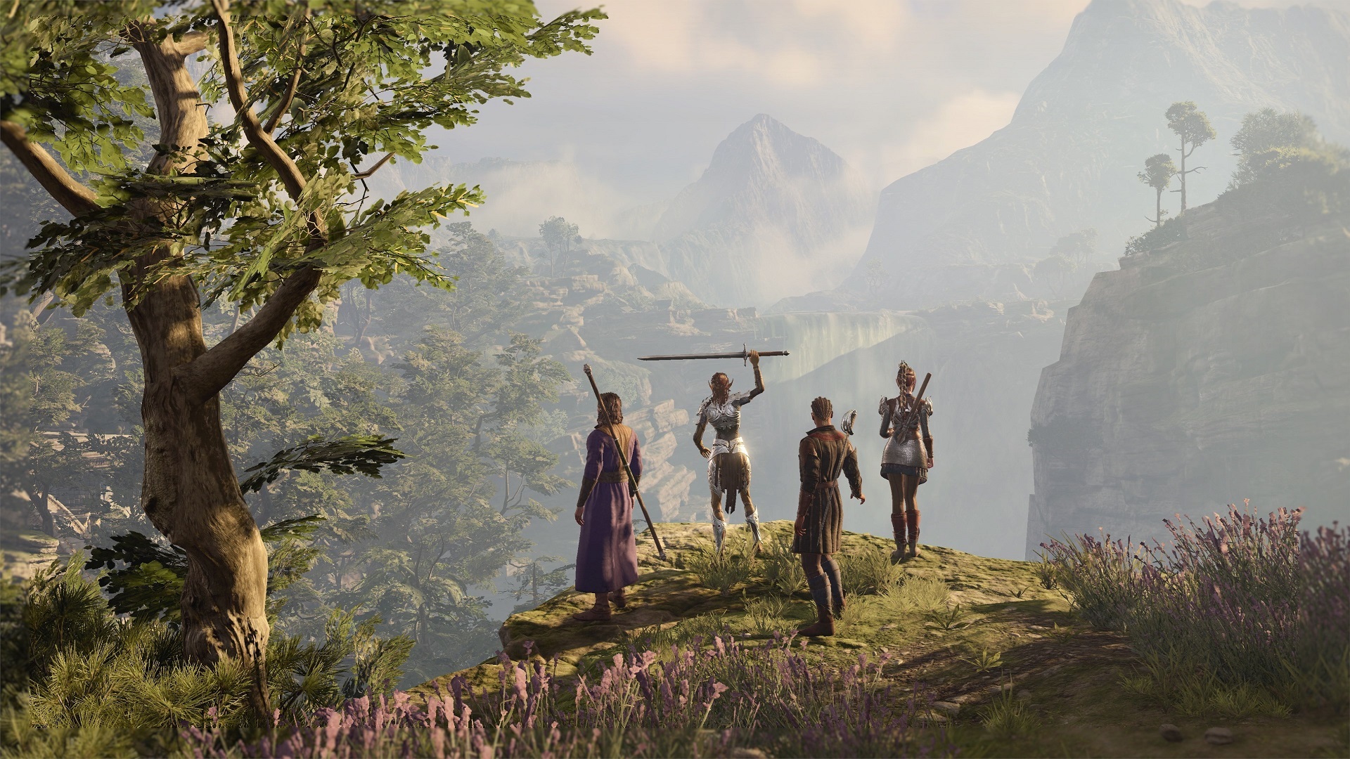 Baldur's Gate 3 screenshot of Gale, Lae'zel, Wyll, and Showheart standing on a cliff's edge overlooking a vast wilderness