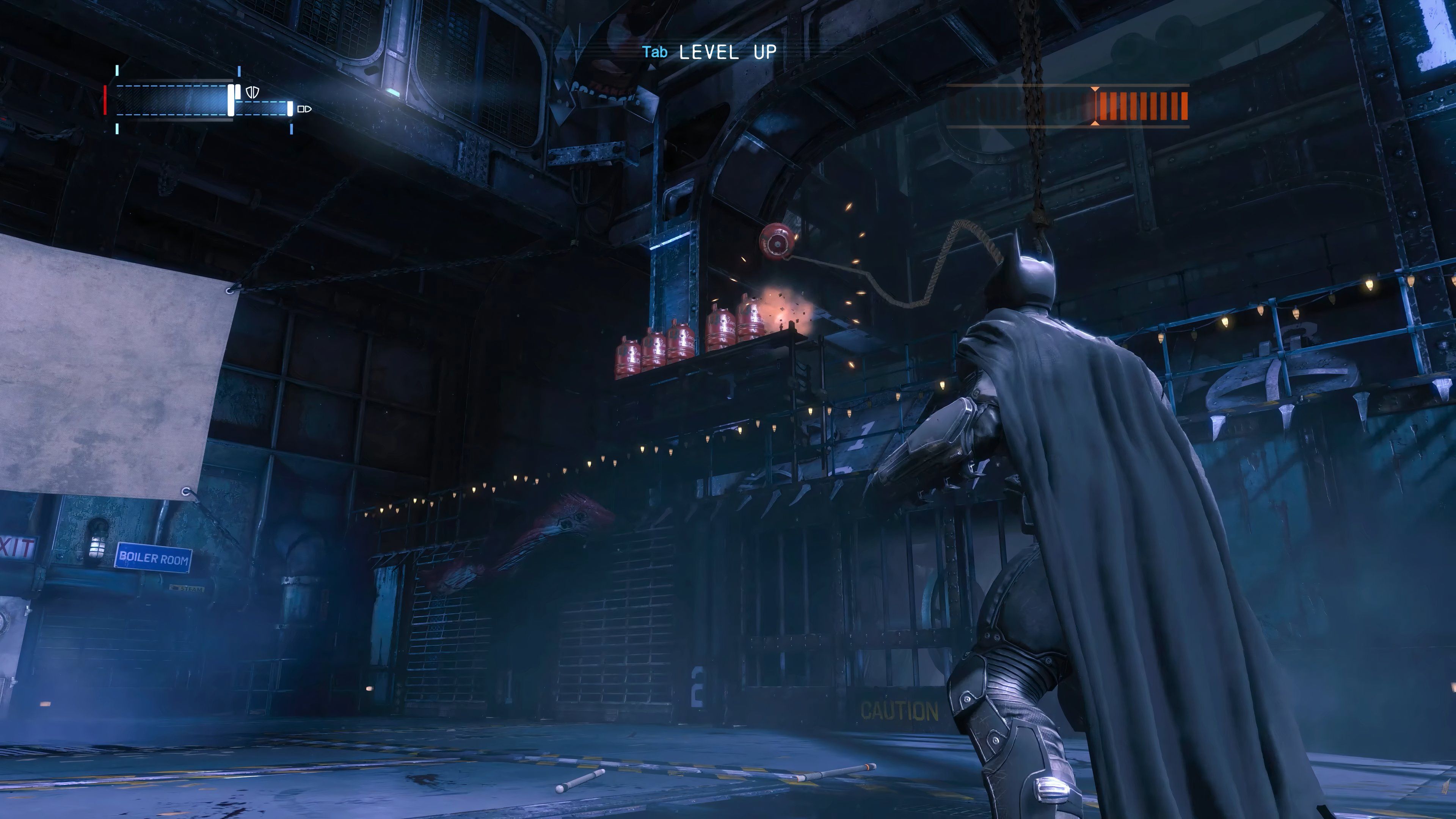 Batman tethered to explosive cylinder in Batman Arkham Origins