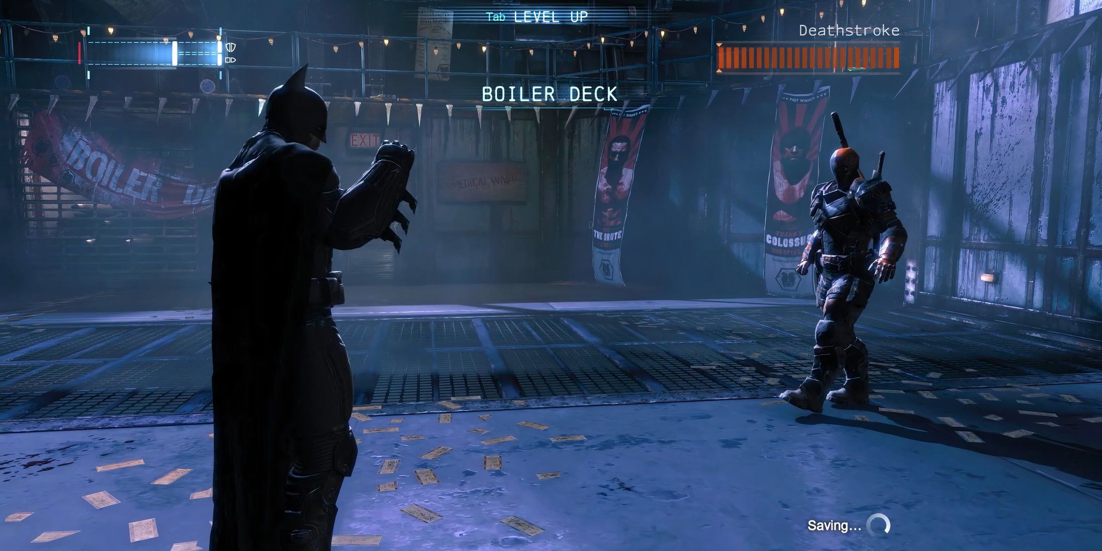 Batman and Deathstroke squaring each other up in Arkham Origins