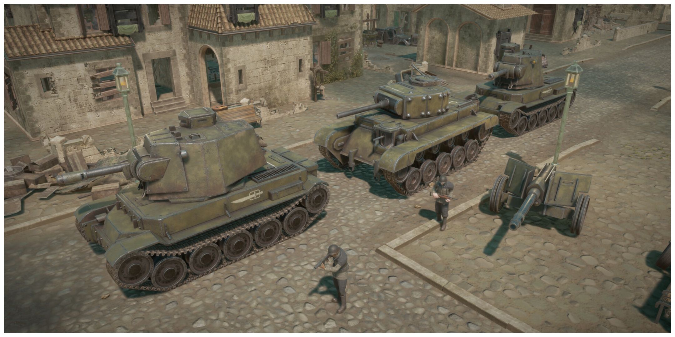 Three tanks and two soldiers positioned on a cobbled street