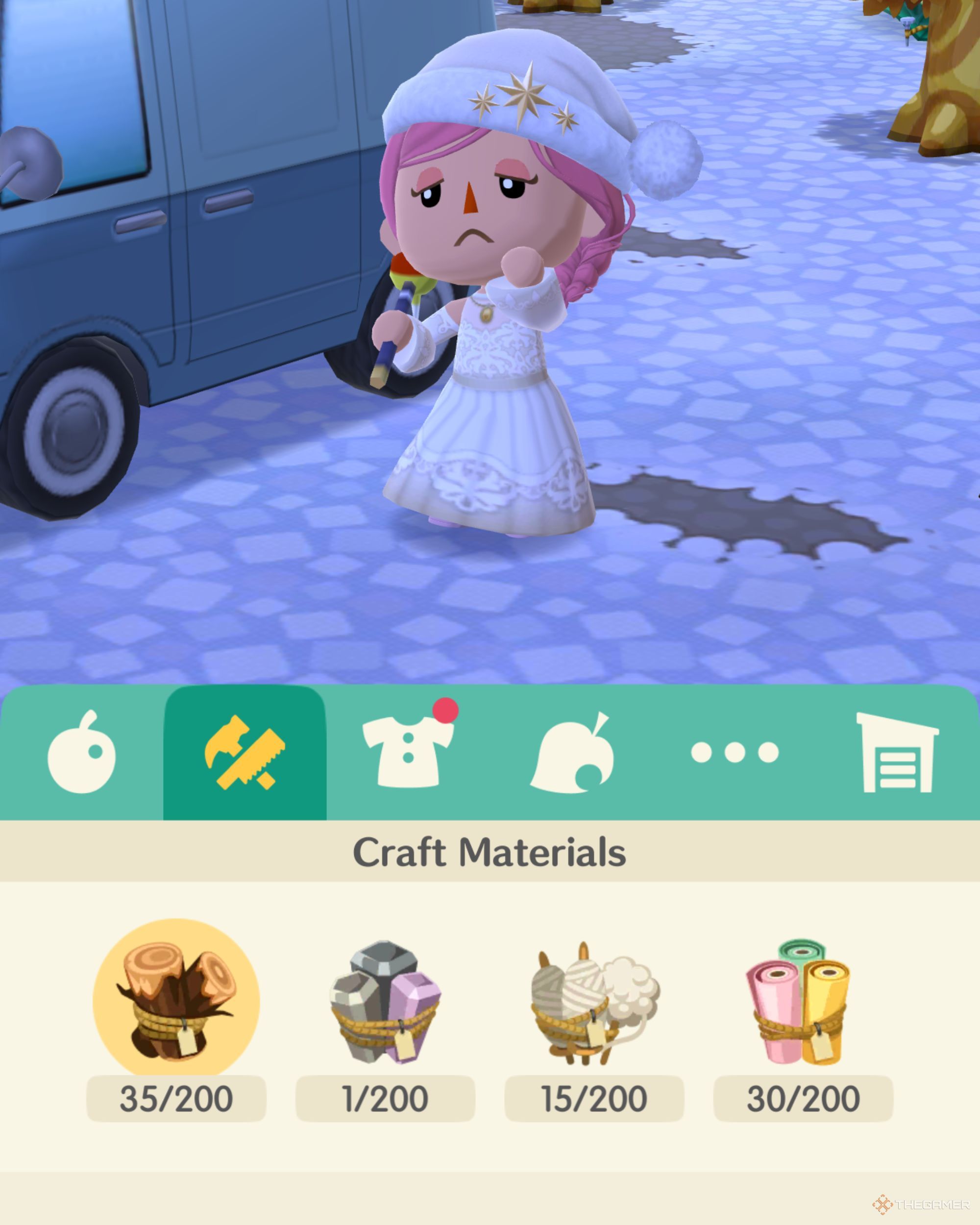 A character in Animal Crossing: Pocket Camp Complete looking at their materials.