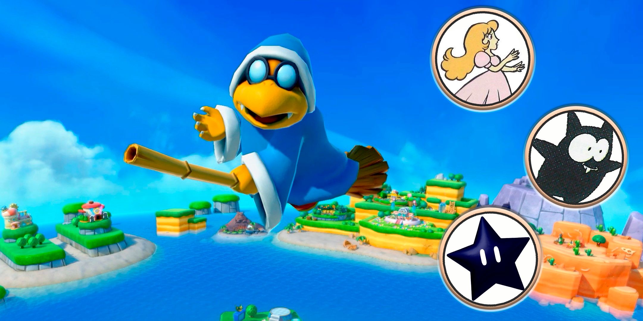 Kamek flying in the Super Mario Party Jamboree intro cutscene algonside floating Easter eggs.