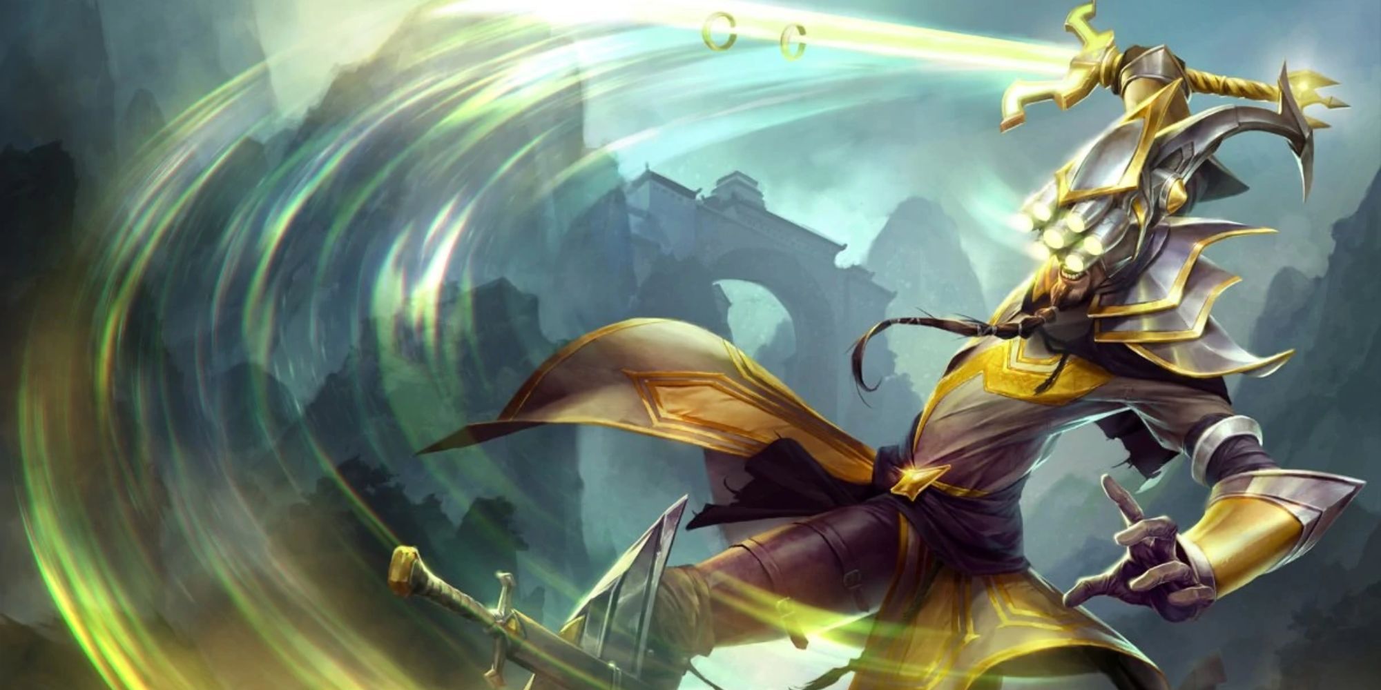 Master Yi Uses His Alpha Strike spell in his League of Legends splash art.