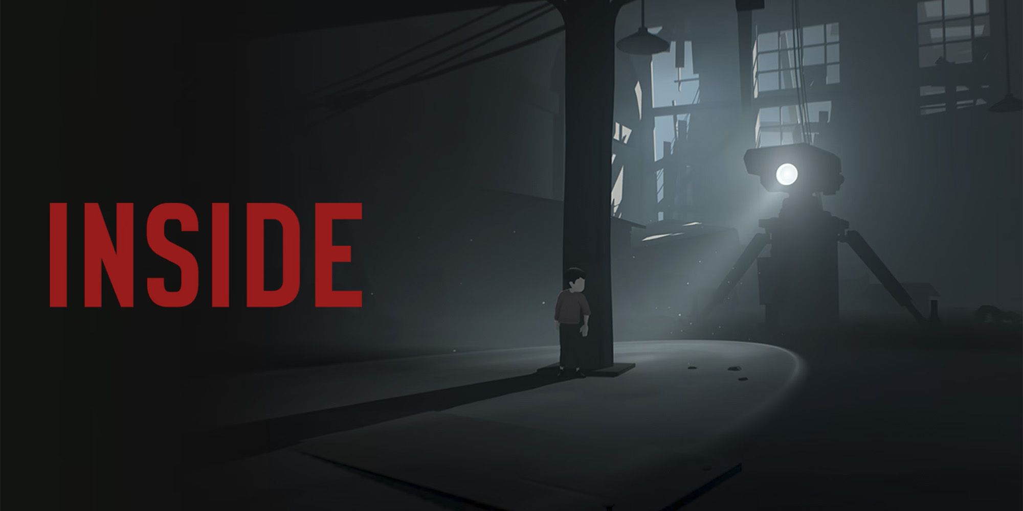 A boy hides from a giant robot in a dark warehouse from Inside.