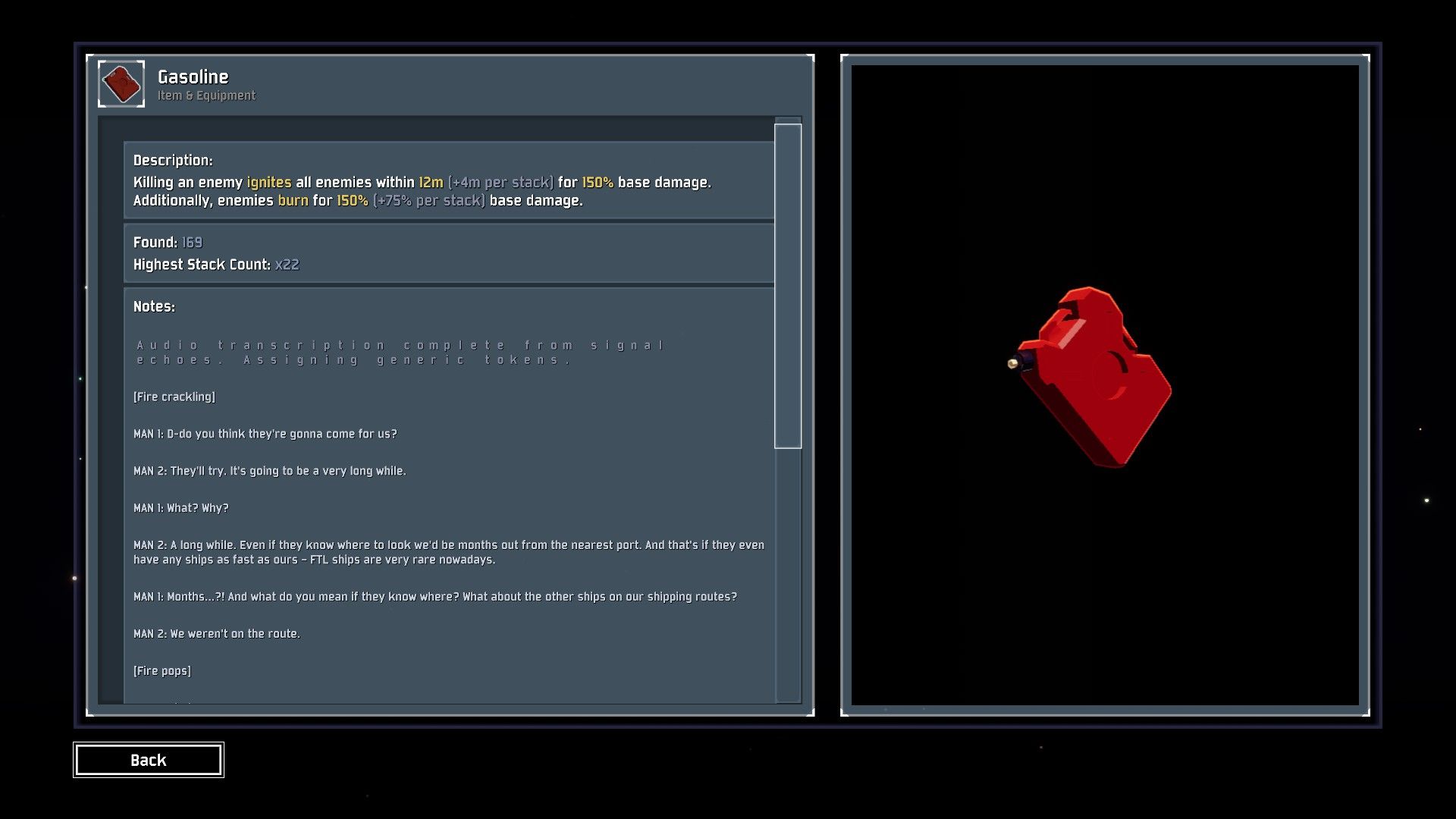 The Gasoline item in Risk of Rain 2's logbook