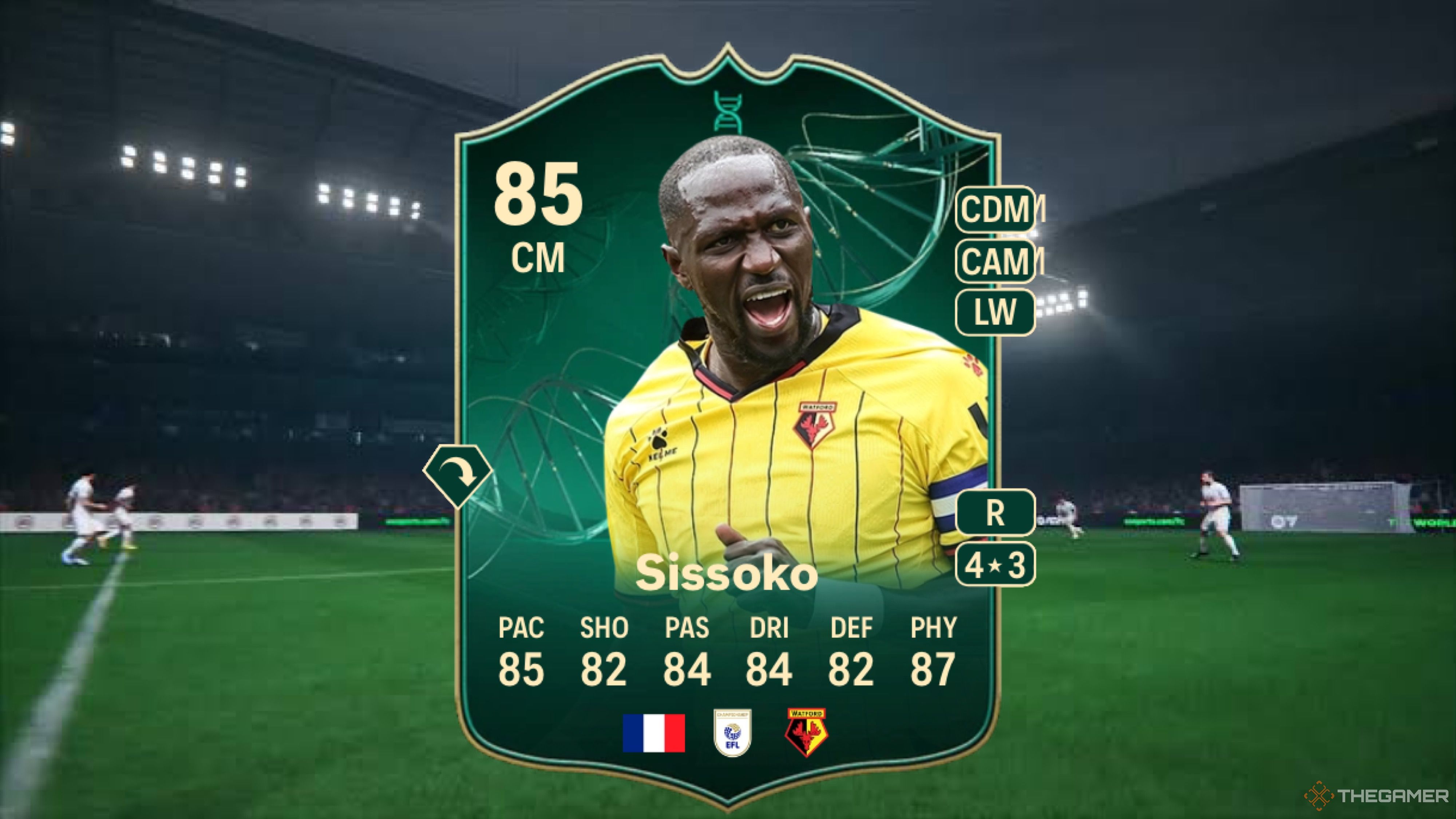 Image showing Sissoko card against a faded stadium background from EA Sports FC 25.