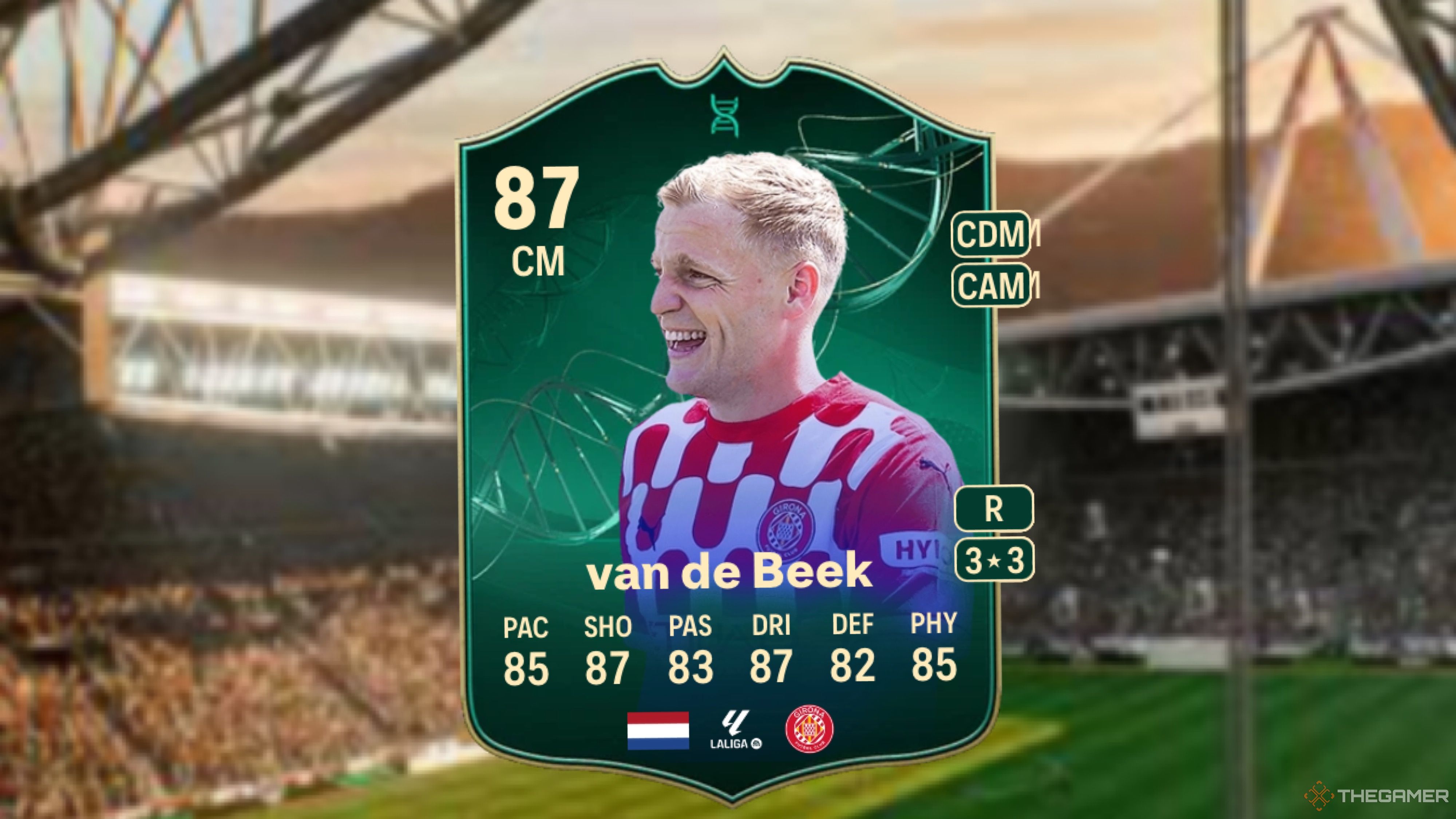 Image showing van de Beek card against a faded stadium background.