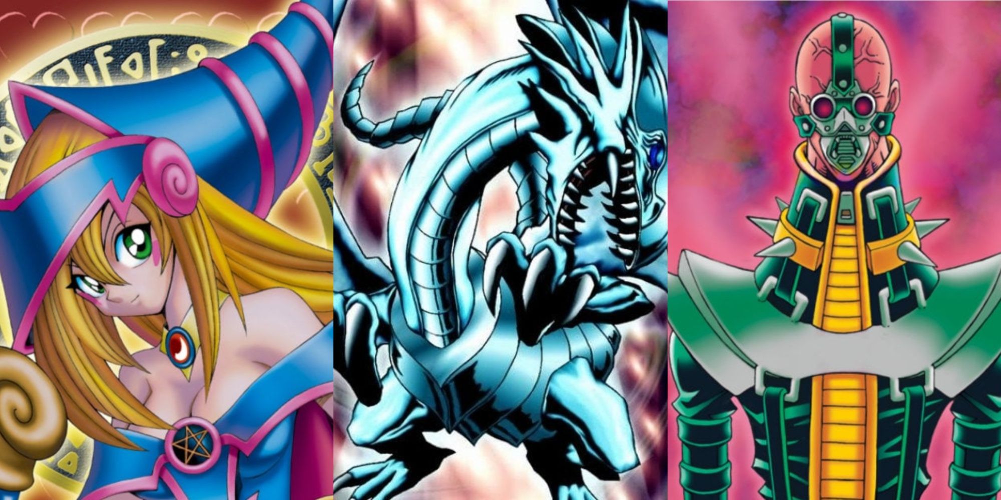 Card artworks for Dark Magician Girl, Blue-Eyes White Dragon, and Jinzo