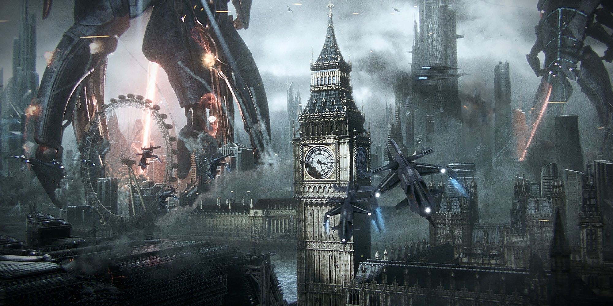 The Earth being invaded and destroyed by Reapers in Mass Effect 3.