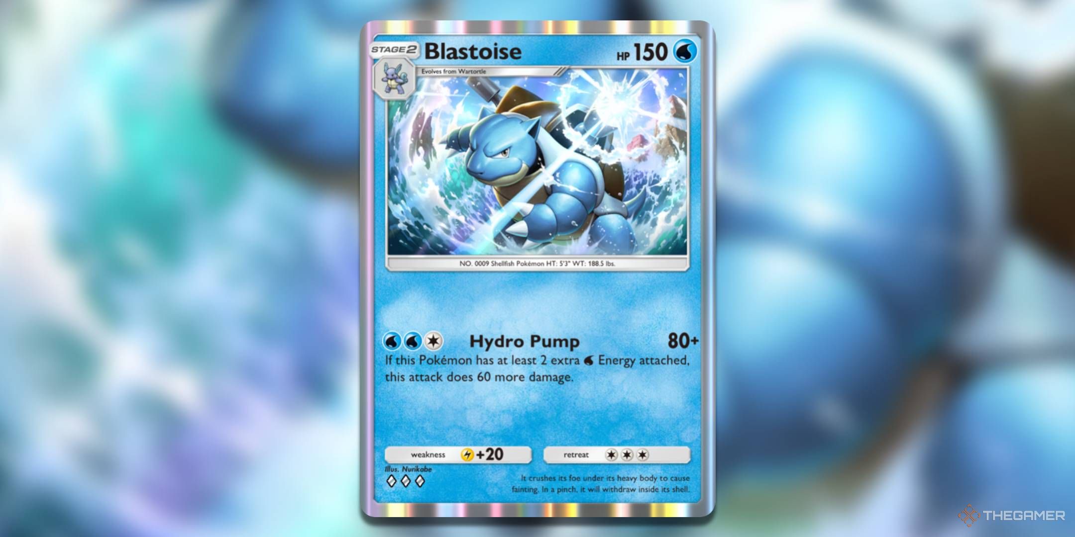 The Blastoise card, from the Genetic Apex: Pikachu expansion.