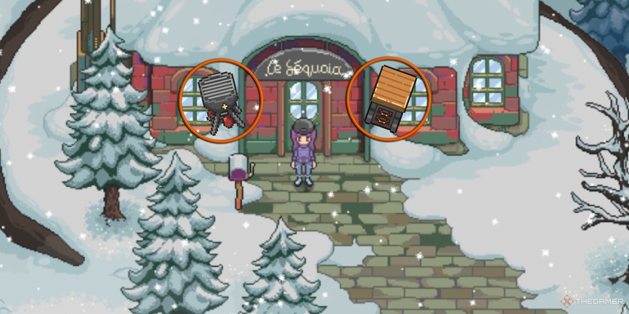 Chef RPG Le Sequoia restaurant with an avatar standing in front of the building. An image of a Grill circled in orange is seen to the left of the avatar, and to the right is an image of a Chef Counter. The Grill and Chef Counter are appliances needed to run a successful restaurant. The restaurant and nearby evergreen trees are covered in snow for the winter season.