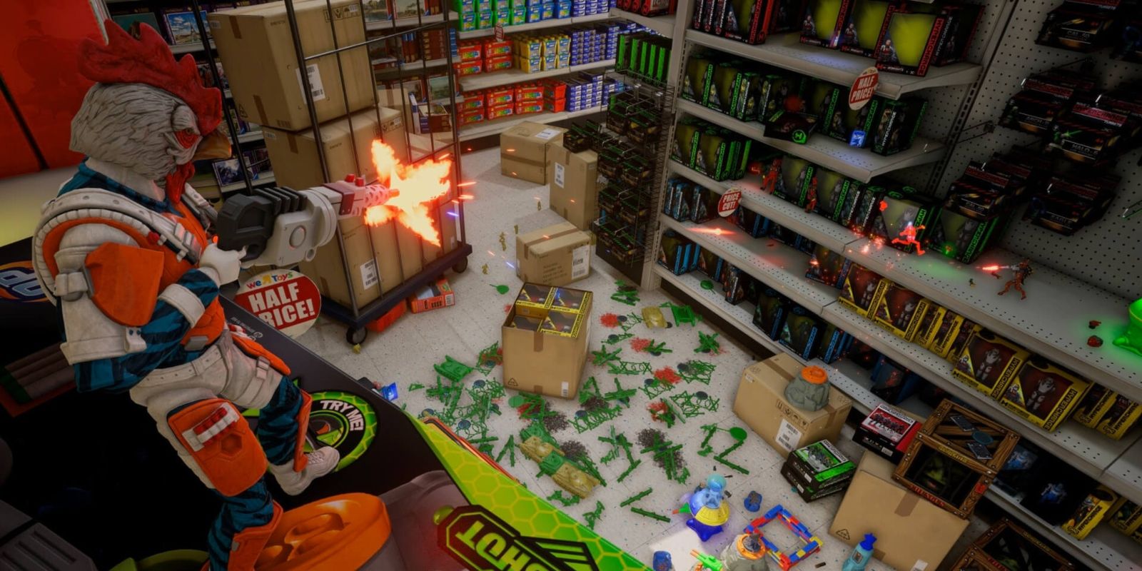 Hypercharge Unboxed screenshot of orange action figure shooting down at other toys.