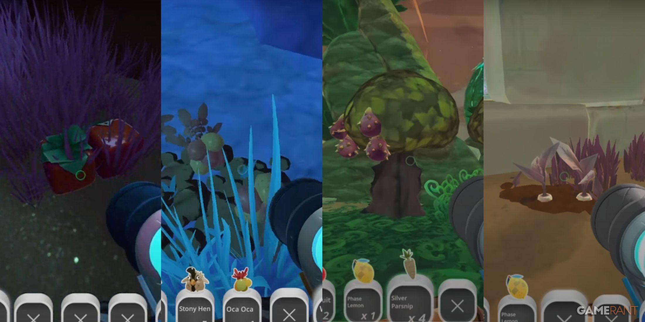 split image of Cuberries, Oca Oca, Prickle Pear, and Silver Parsnip in Slime Rancher