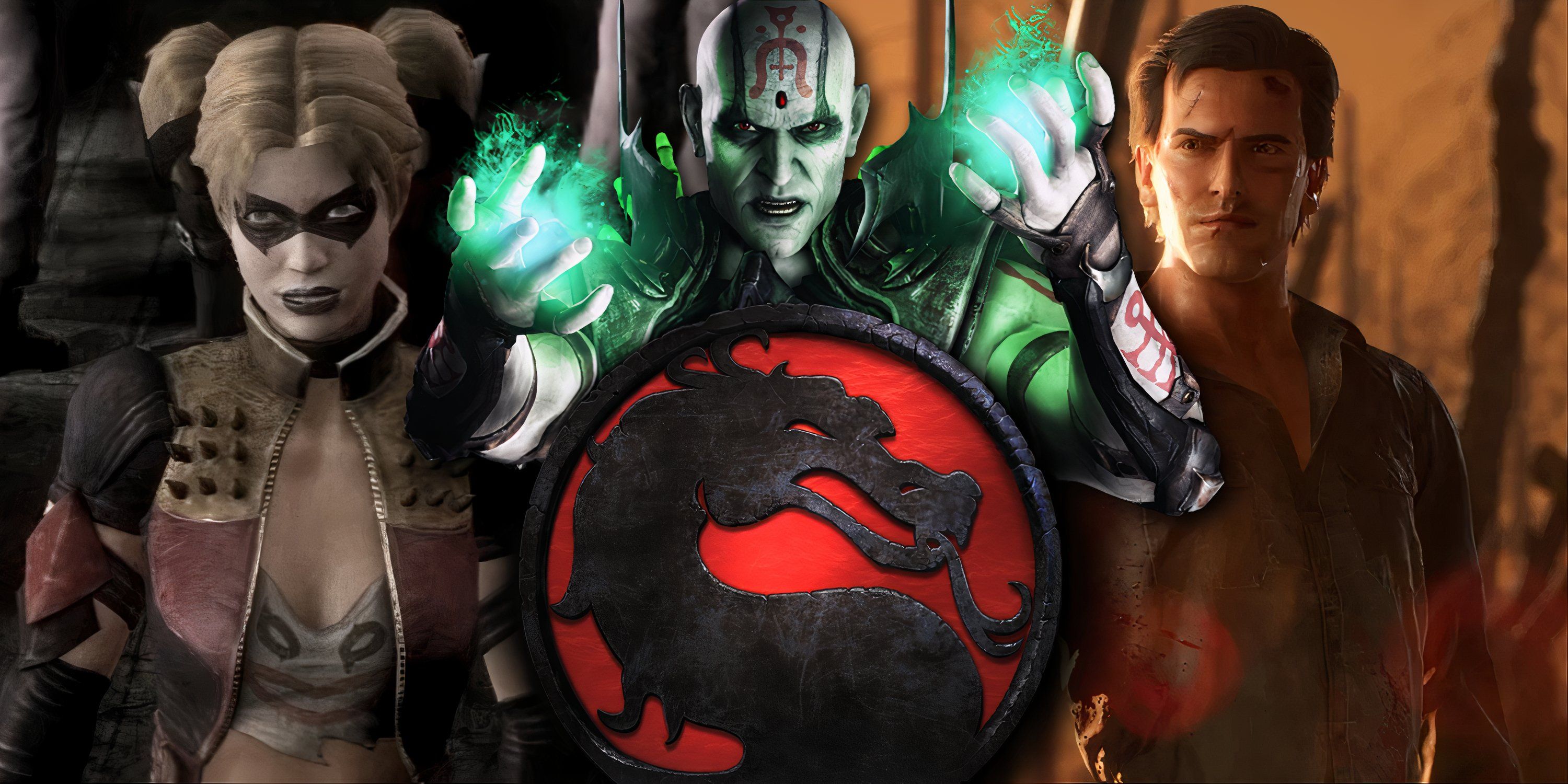 Split image of Harley Quinn, Quan Chi, and Ash Williams